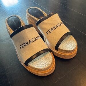 Salvatore Ferragamo Women's Black and Tan Wedge Sandals